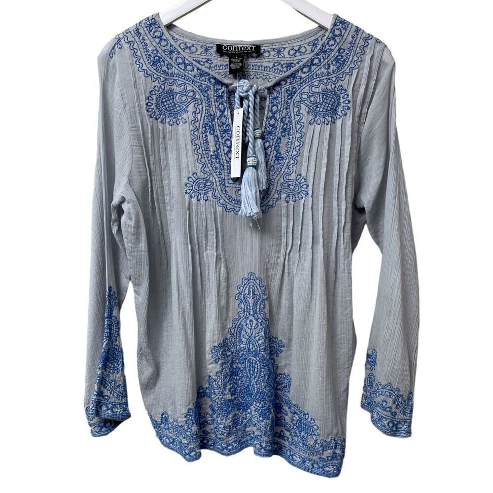 CONTEXT Boho Top Size Small Blue Embroidered Cotton Crinkle Gauze